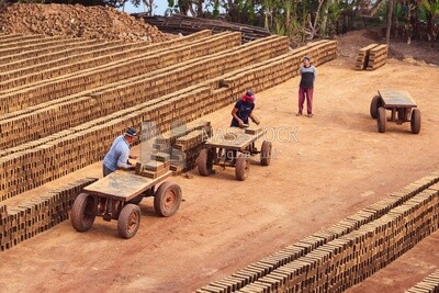 Workers transports bricks from the ground to the cart, brick industry