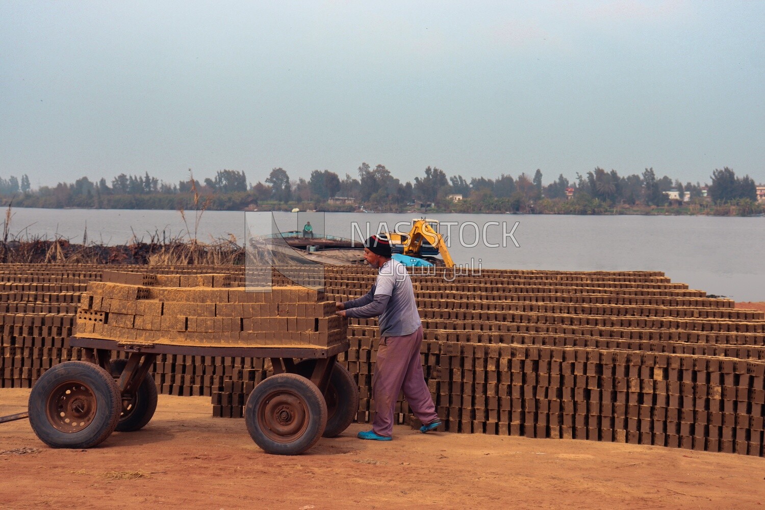 Worker transports bricks from the ground to the cart, brick industry