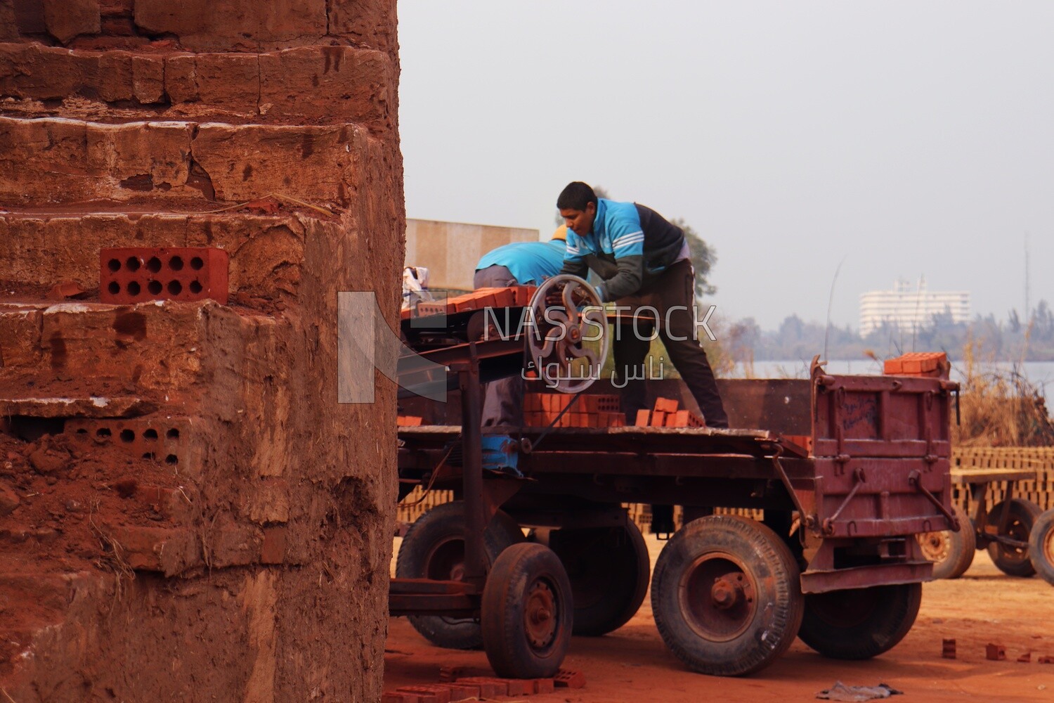 Worker transports bricks from the ground to the cart, brick industry