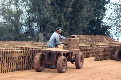 Worker transports bricks from the ground to the cart, brick industry