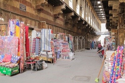 View of a shop selling fabric in the street, handmade, street
