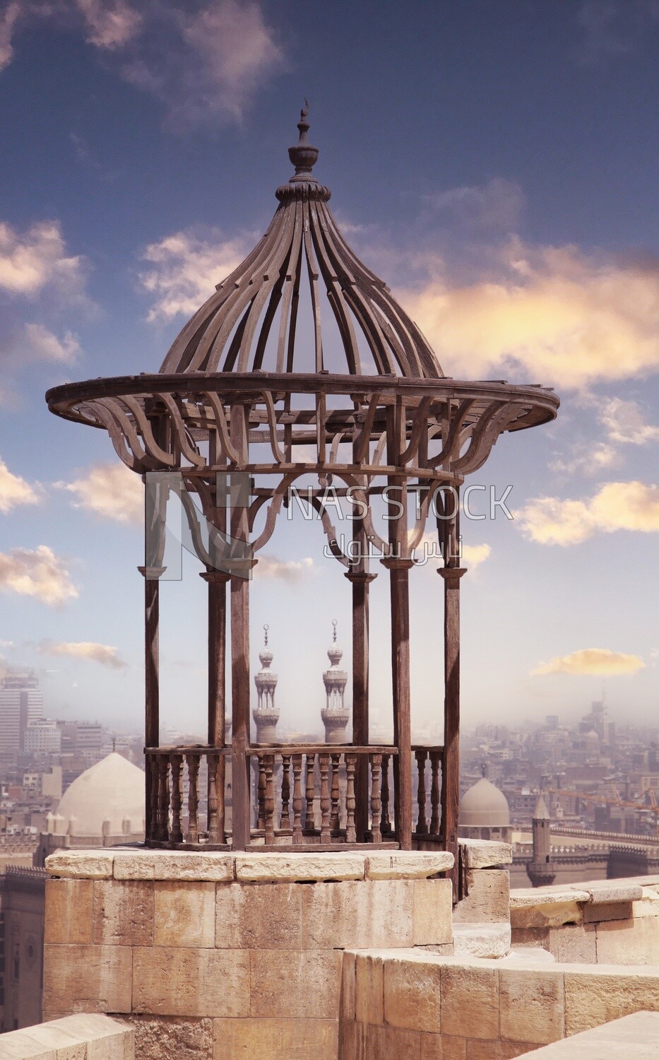 Old wooden pergola at a panoramic view of Cairo city from the Citadel of Saladin, History, Tourism in Egypt
