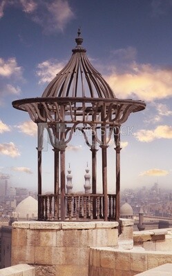 Old wooden pergola at a panoramic view of Cairo city from the Citadel of Saladin, History, Tourism in Egypt