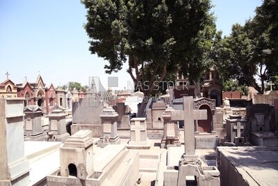 Coptic Christian cemetery in Cairo with headstones and mausoleums ,egypt