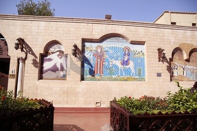 Wall decorated with drawings of Coptic art inside the Hanging Church,  Egypt