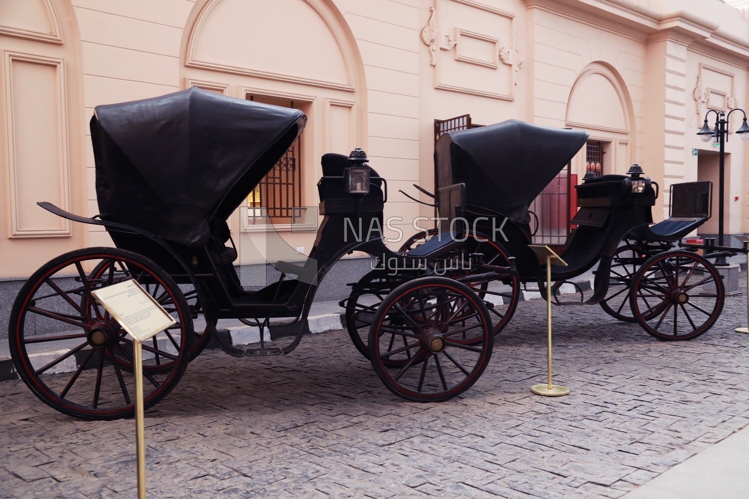 Carriages displayed in the main square of the Royal Chariot Museum, Cairo, Egypt.