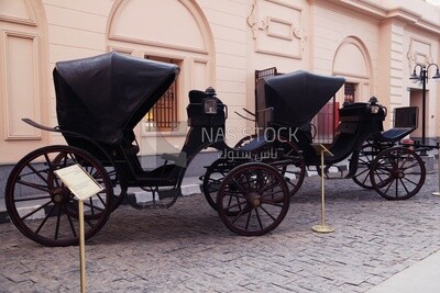 Carriages displayed in the main square of the Royal Chariot Museum, Cairo, Egypt.