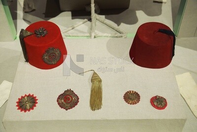 Traditional red fez in the Royal Chariots Museum, Cairo, Egypt.