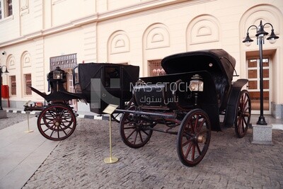 Carriages displayed in the main square of the Royal Chariot Museum, Cairo, Egypt.