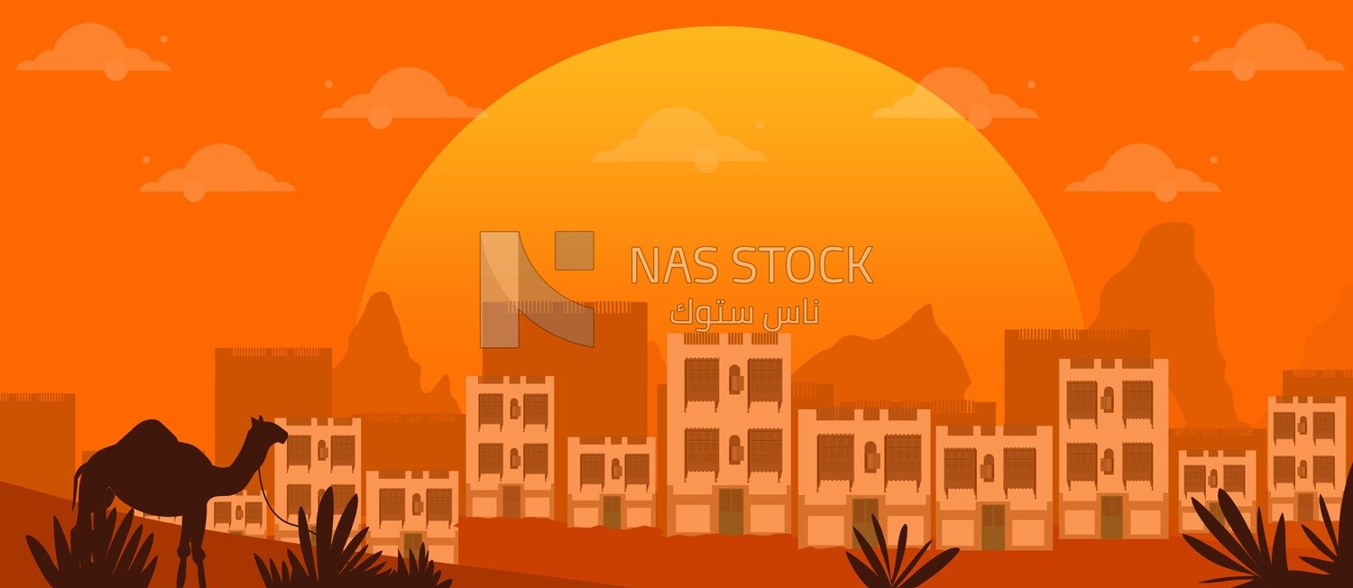 View of a desert city showing a camel and buildings, wallpaper, Illustrator vector
