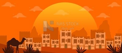 View of a desert city showing a camel and buildings, wallpaper, Illustrator vector
