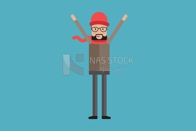 Character of a man standing and raising his hand, Vector Illustrator