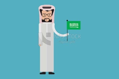 Character of a gulf man holding the flag of Saudi Arabia, Vector Illustrator