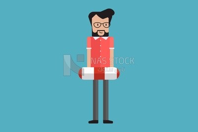Character of a man standing and wearing a ring buoy, Vector Illustrator