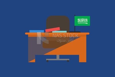 Desk with books in it beside the flag of Saudi Arabia, icons and templates, vector illustrator