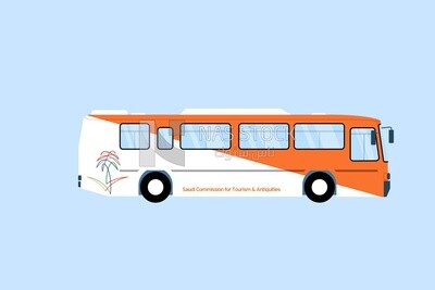 View of a bus with The logo of the ministry of commerce and investment, icons and templates, vector illustrator