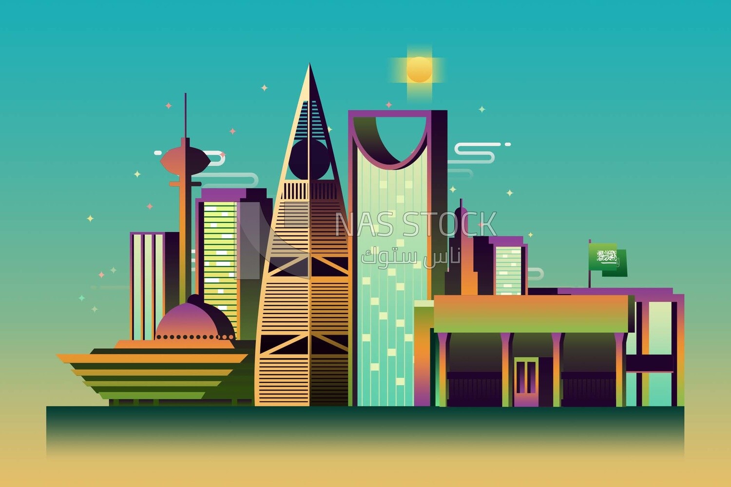 View of towers of the Saudi Arabia city, wallpaper, vector illustrator