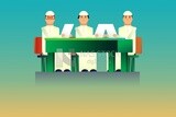 Three characters of gulf men sitting on the table holding papers look like they are in a meeting, icons and templates, vector illustrator