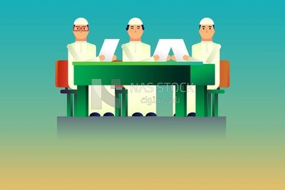 ثلاث شخصيات لرجال خليجيين يجلسون على الطاولة ويحملون أوراقًا يبدون وكأنهم في اجتماع، أيقونات ورموز، فيكتور اليستريتور