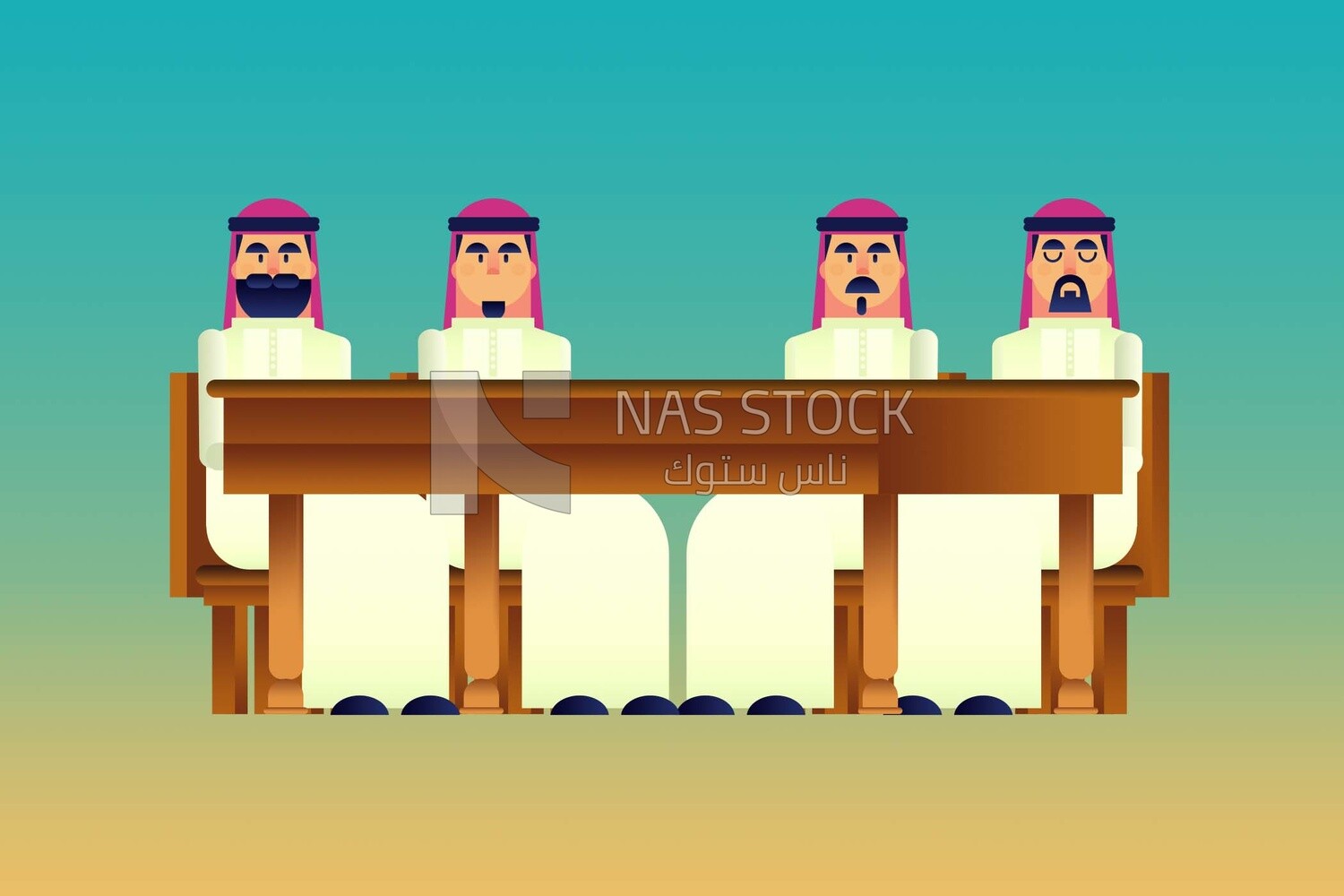 Four characters of gulf men sitting on the table, icons and templates, vector illustrator