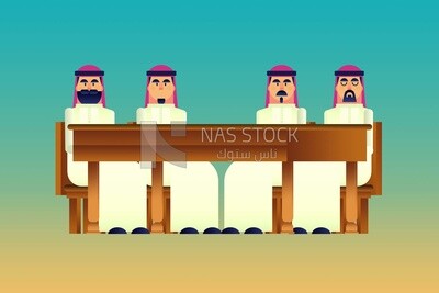 Four characters of gulf men sitting on the table, icons and templates, vector illustrator