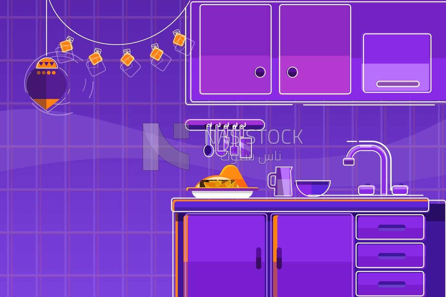 View of the kitchen with pots on the Marble, wallpaper, vector illustrator