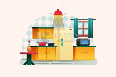 View of a kitchen with Electrical devices and pots, vector illustrator