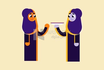 Two characters of women one of them giving the other one a plate, vector illustrator