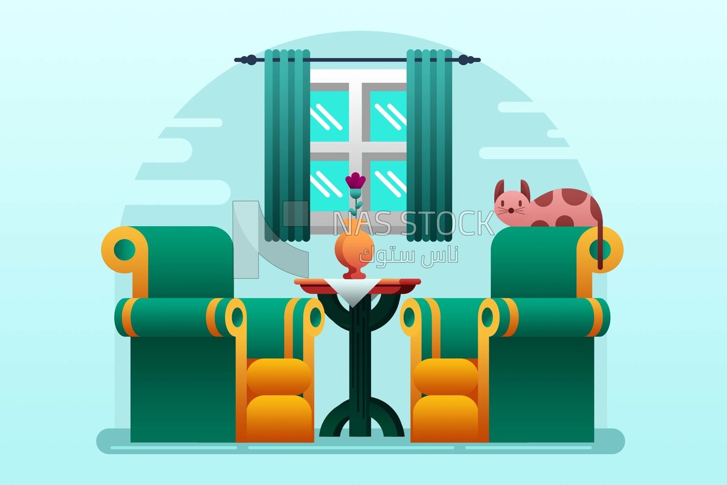 View of the living room and the cat sitting in the chair, vector illustrator