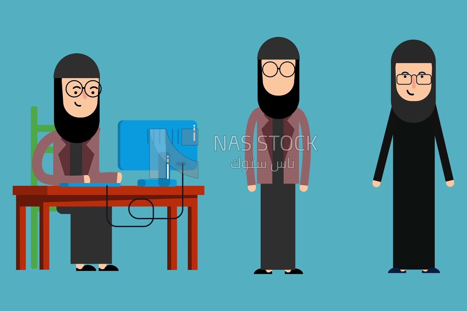 Three characters of Gulf women with different poses, Vector Illustrator