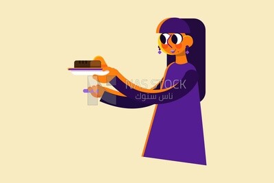 Character of a girl holding a plate and giving it to someone, vector illustrator