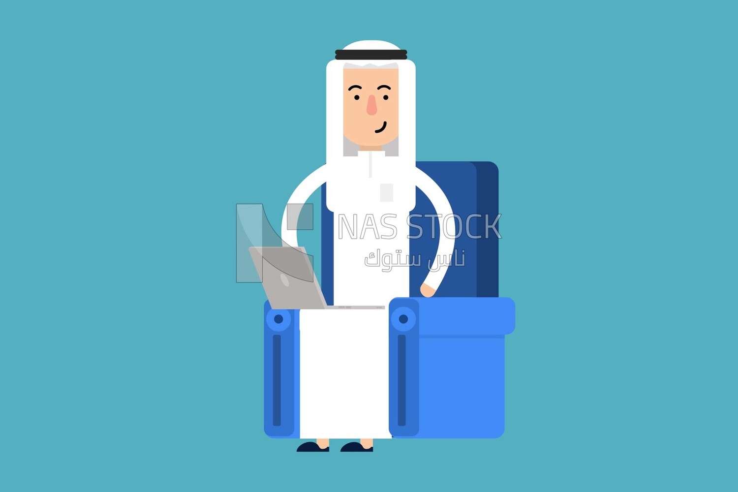Character of a gulf man sitting on a chair and working on a laptop, Vector Illustrator