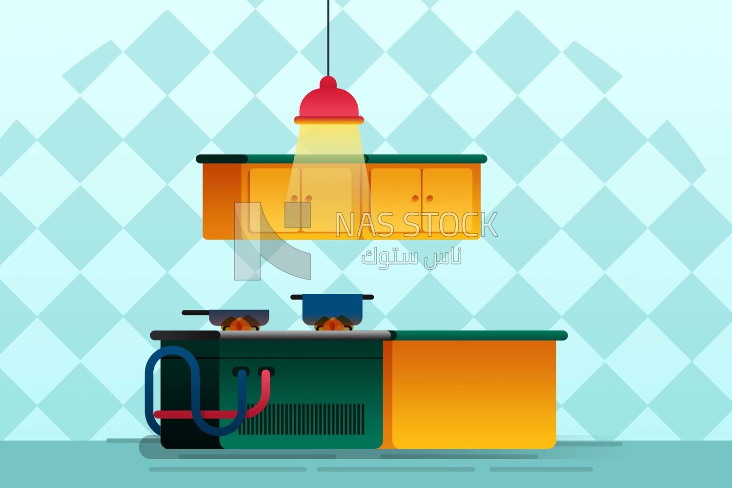 View of a kitchen with Electrical devices and pots, vector illustrator