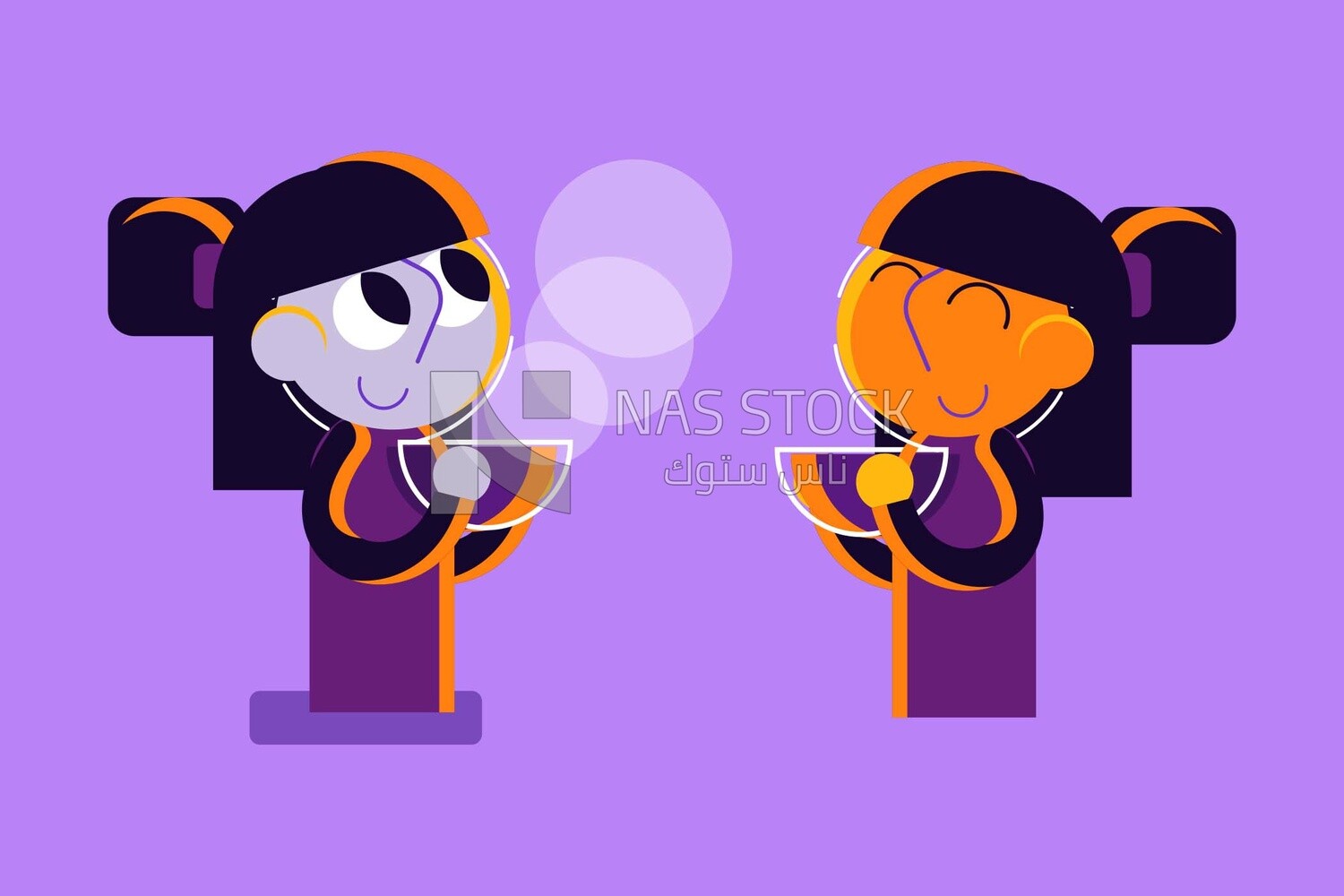 Two characters of girls holding  cups, vector illustrator