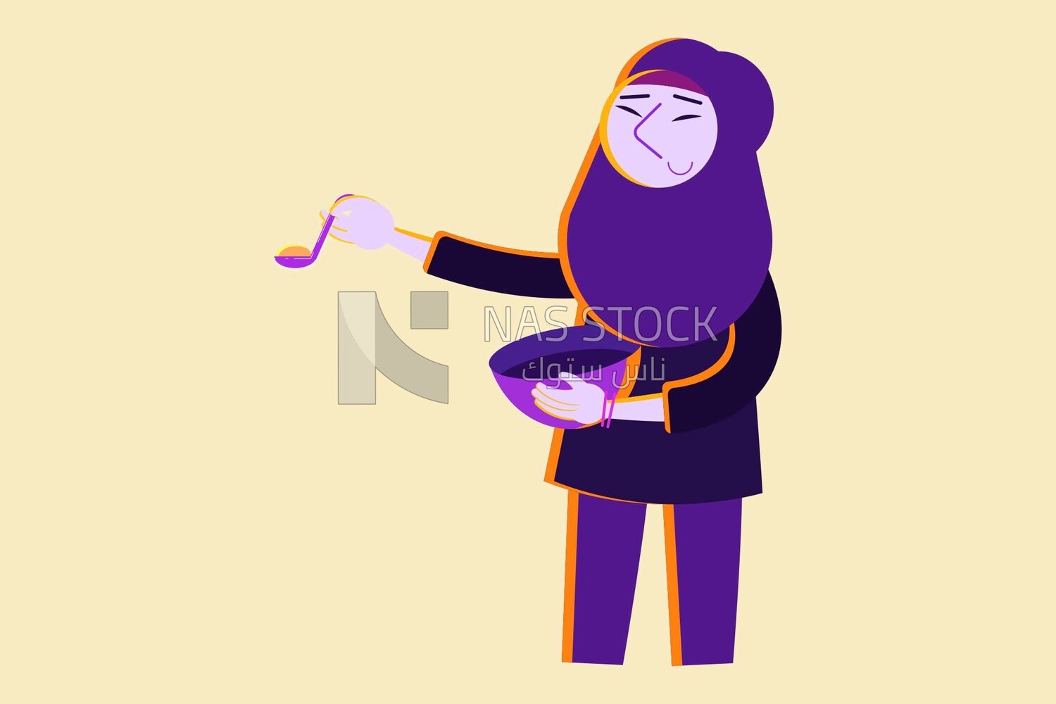 Character of a woman holding a bowl and trying to put the soup on a plate, vector illustrator