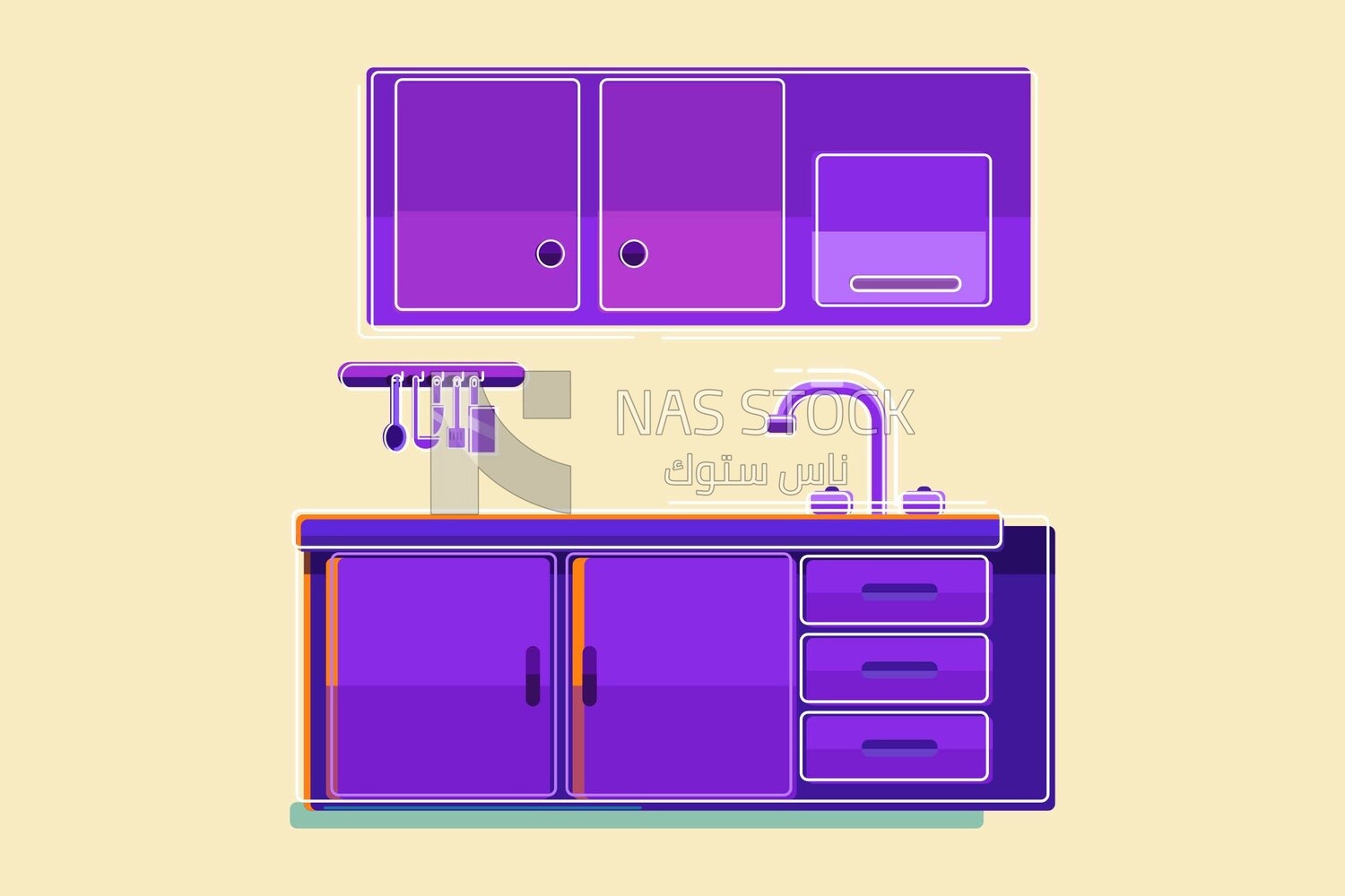 View of the kitchen with pots on the Marble, wallpaper, vector illustrator