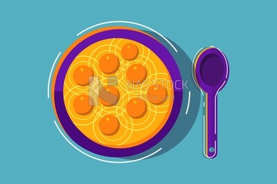 Plate with food on it beside a spoon, icons and templates, vector illustrator