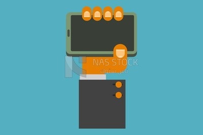 Hand holding a mobile, icons and templates, vector illustrator