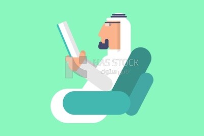 Character of a gulf man sitting on a chair and reading a book, vector illustrator