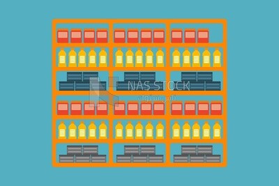 Shelves with bottles and jars, icons and templates, vector illustrator