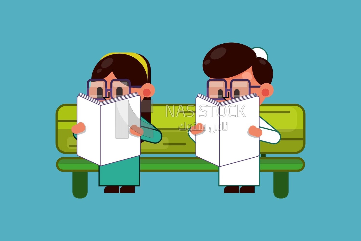 Two characters of a boy and a girl reading a book, vector illustrator