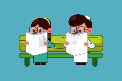 Two characters of a boy and a girl reading a book, vector illustrator