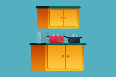 View of a kitchen with Electrical devices and pots, vector illustrator