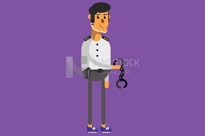 Character of a policeman holding Clamps, vector illustrator