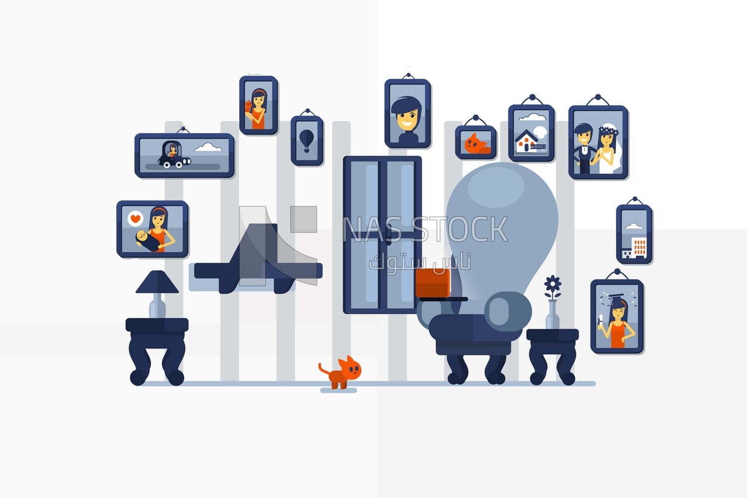 View of a room with wall frames hanging on it, background, vector illustrator