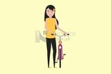 Character of a girl standing beside her bike, vector illustrator