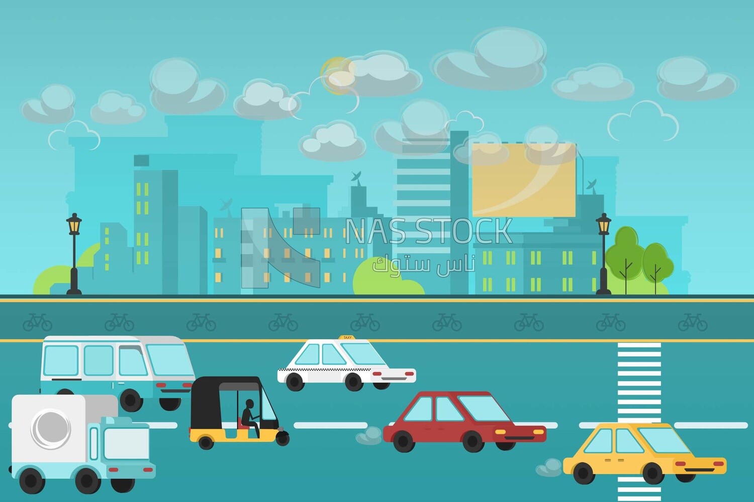 View of the city shows the cars on the road, vector illustrator
