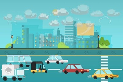 View of the city shows the cars on the road, vector illustrator