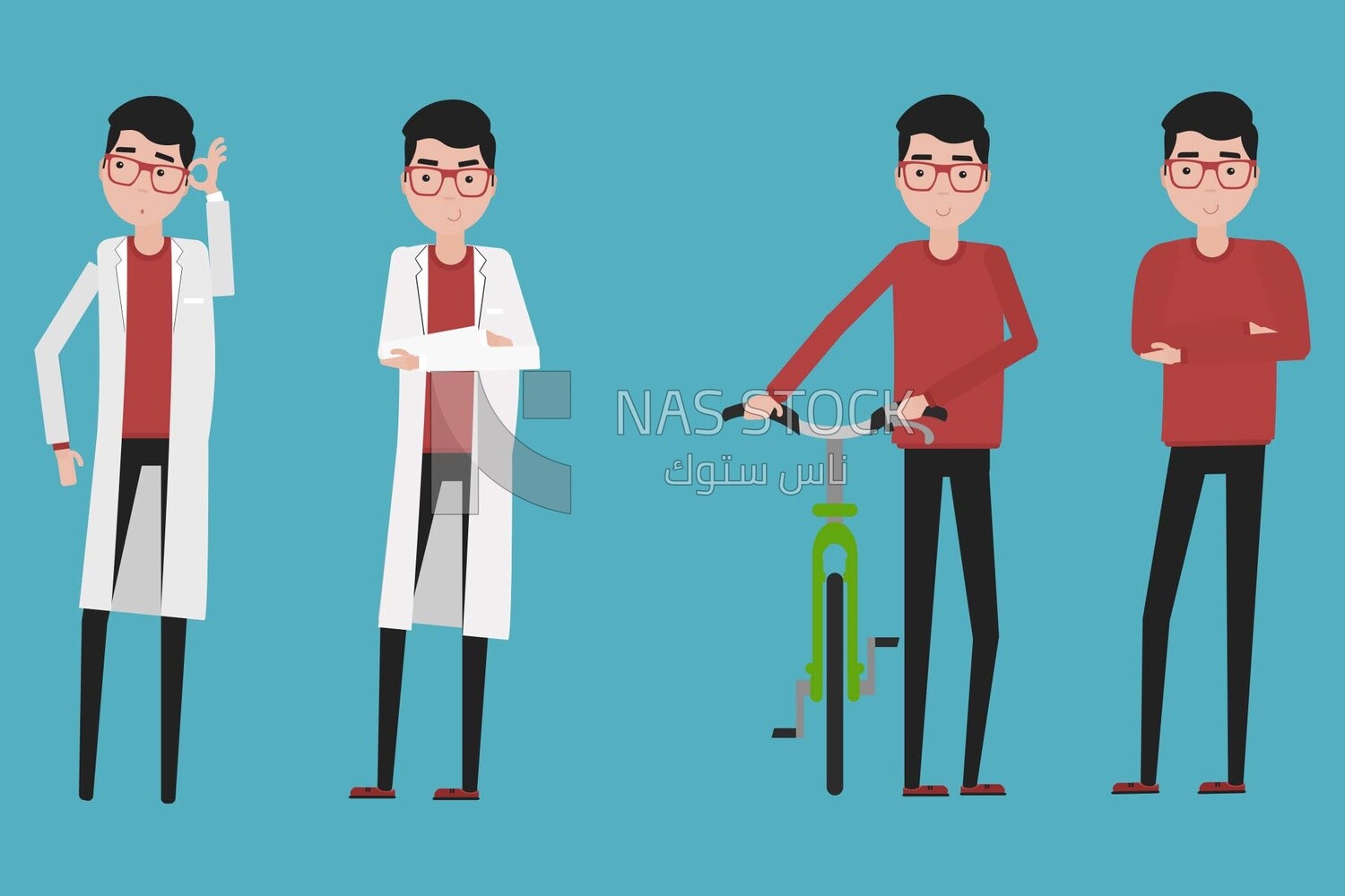 four characters of men two of them wearing white coats like doctors, and the other two students, vector illustrator