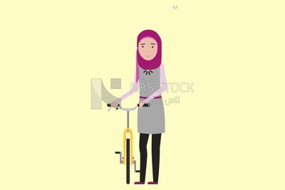 Character of a girl standing beside her bike, vector illustrator